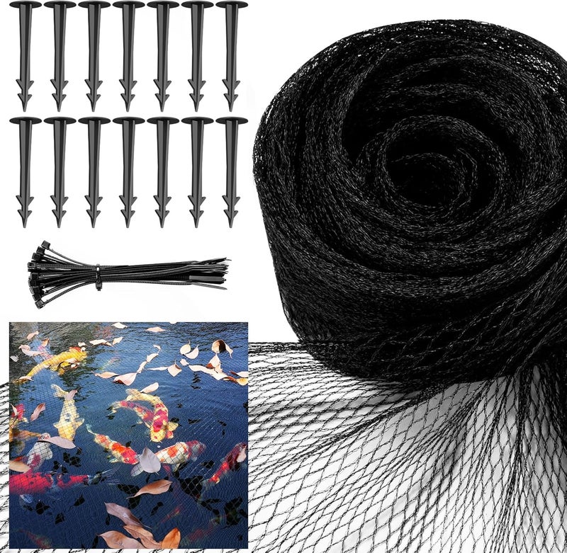 Alloxity Pond Netting Cover for Leaves, 14 x 14 Koi Pond Net Cover, Durable & Sturdy Pond Netting for Koi Ponds, Protect Koi Fish Against Herons, Raccoons, Cats & Predators, 14pcs Stakes Included - Image 1